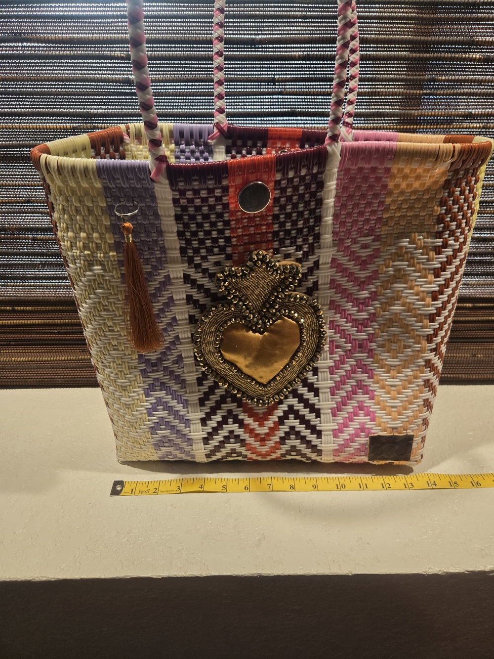 Handwoven Multicolor Tote Bag with Gold Heart Accent